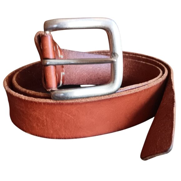 Vintage 1980s Mens Levi's Belt 34 Medium Leather Brown Preppy Style Logo Beaten - Picture 1 of 9